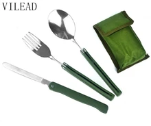 VILEAD Army Green Multifunctional Folding Outdoor Tableware Knife Spoon Fork Set Stainless Steel Picnic Tools for Party BBQ