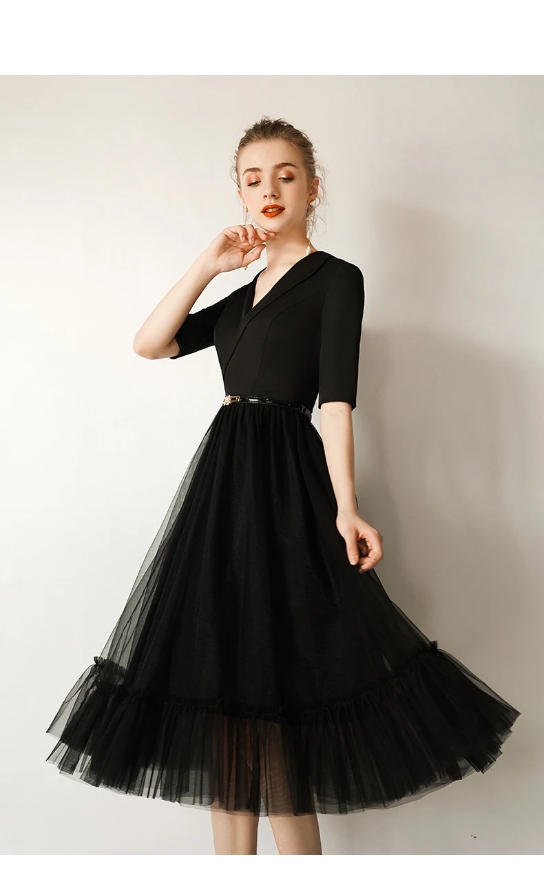 Винтажное Черное вечернее платье с v-образным вырезом и коротким рукавом, плиссированное Тюлевое ТРАПЕЦИЕВИДНОЕ вечернее платье, Хепберн, платье для выпускного вечера