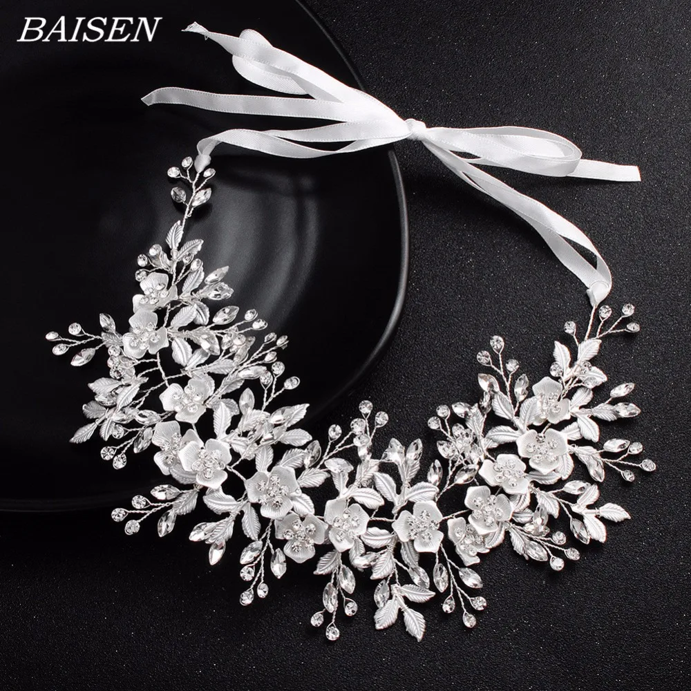 

Silver Flower Headband Wedding Hair Accessories For Bride Head Pieces Rhinestone Bridal Floral Headband Wedding Hair Jewelry