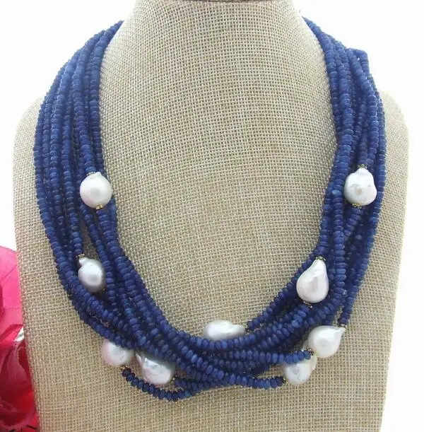 Beautiful 10 row 4mm Blue Faceted bead 16mm Keshi Pearl Necklace - Image 2