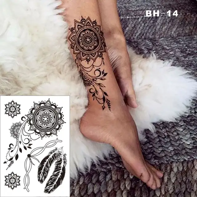 146 20 De Réduction Bh 14 Joli Tatouage Temporaire Noir Au Henné élégant Pour Pied Avec Motif De Bracelet En Plumes Autocollant Inspiré In