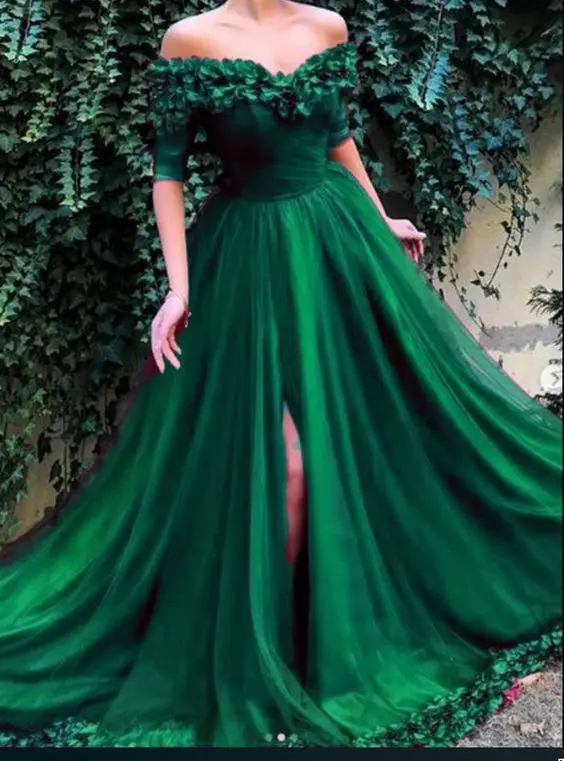 Robe De Soiree пикантные с разрезом сбоку дубайское вечернее платье Длинное Элегантное с открытыми плечами безупречное Тюлевое торжественное платье для свадебной вечеринки - Цвет: Зеленый