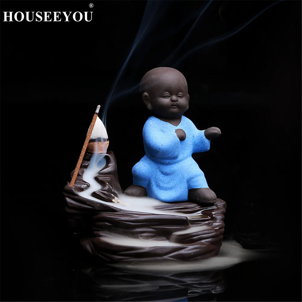 Милый маленький монах и Маленький Будда обратного потока благовония горелка Арома печь-курильница для домашнего офиса Чайный домик дзен домашний декор - Цвет: A Blue and 10 cones