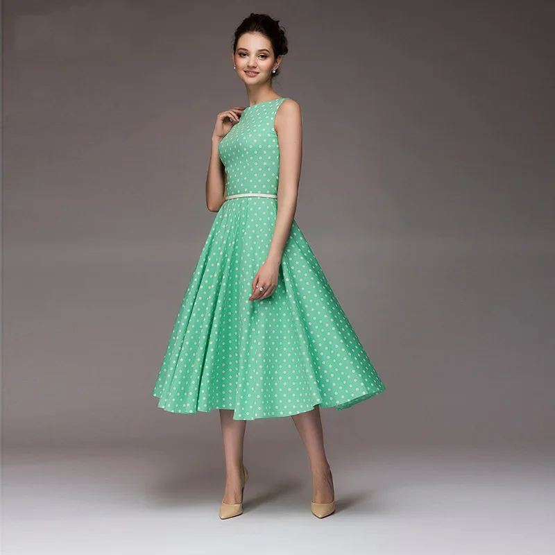 

Vintage Dress Sleeveless O-neck Vestidos Women Elegant Thin Dot Printing Mid-Calf Casual Dress Female 2019 Summer New