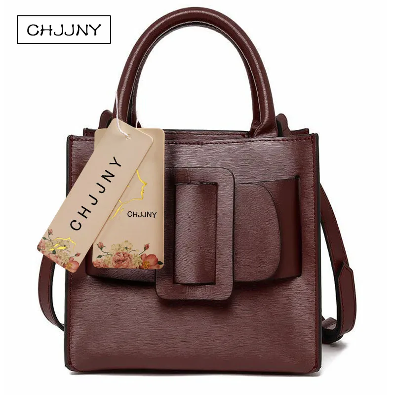 

CHJJNY 2017 fashion newest style genuine leather bark grain women handle bags with big buckle with strap belt Boyy
