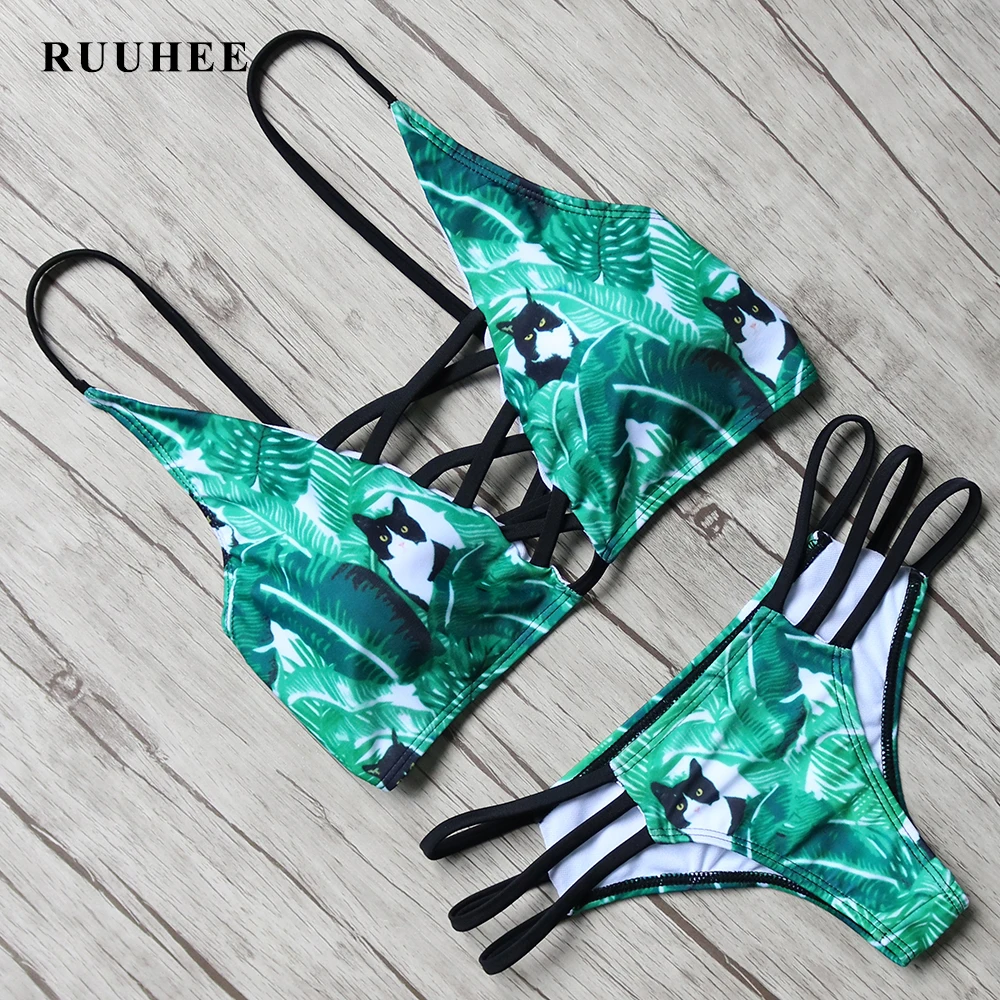 RUUHEE Bikini 2017 Swimwear Women Sexy Bandage Brazilian Bikini Animal