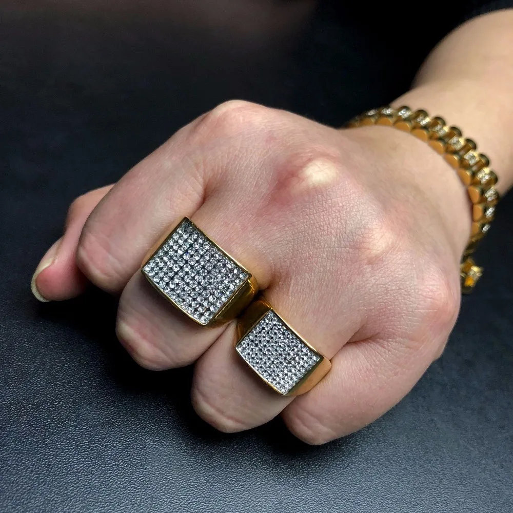 

Hip Hop Bling Ice Out Full Rhinestone Geometric Square Male Ring Gold Silver Color Stainless Steel Rings for Men Jewelry