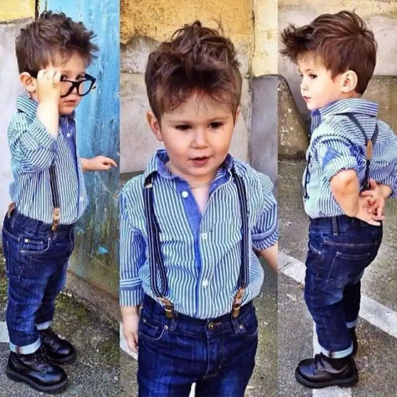

Spring Kid Clothing Sets Baby Boy Suspender Gentlement Suits Overalls Jeans+ Striped Full Shirt 2pcs