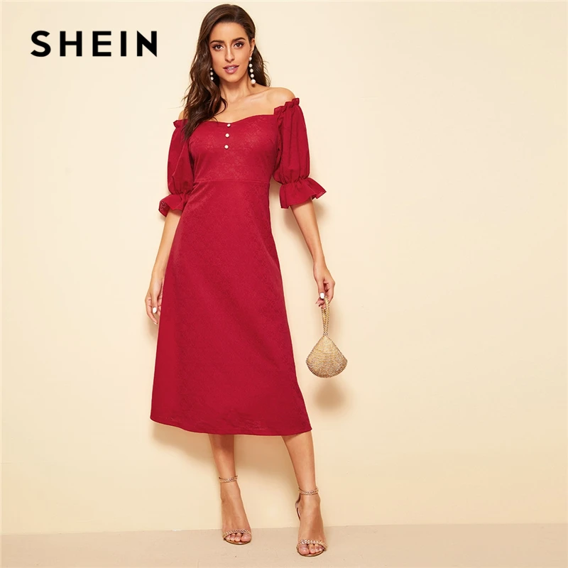 SHEIN Расклешенное Платье На Пуговицах С Оригинальным Рукавом И Оборкой Вечерние