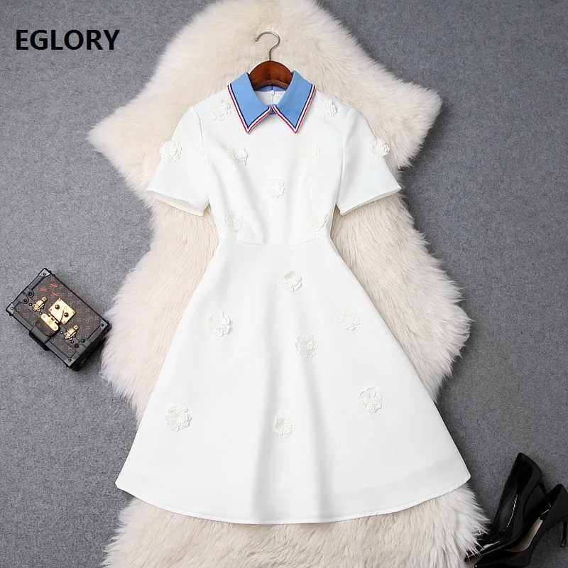 

High Quality Runway Dress 2019 Spring Summer Slim Fitted Dress Women Color Block Turn-down Collar Appliques Flowers Dress A-Line
