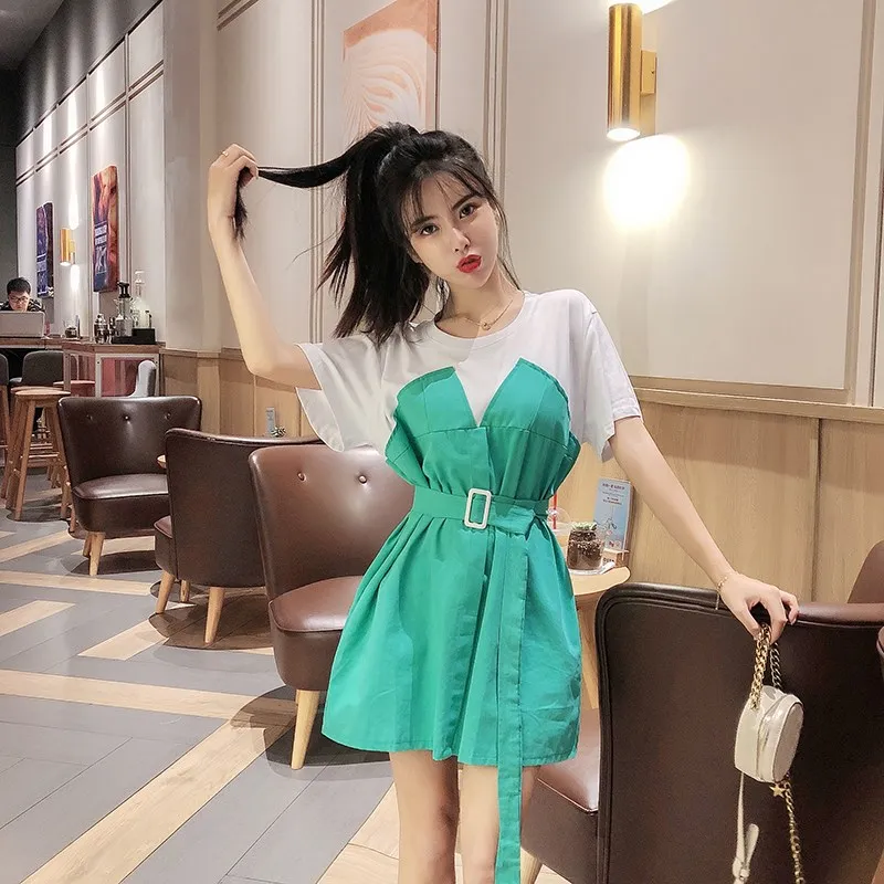 WHITNEY WANG летняя модная уличная цветная контрастная Лоскутная футболка с поясом женское повседневное летнее платье