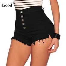 Liooil Black White Red Denim font b Shorts b font 2018 Cotton High Waisted Fashion Button