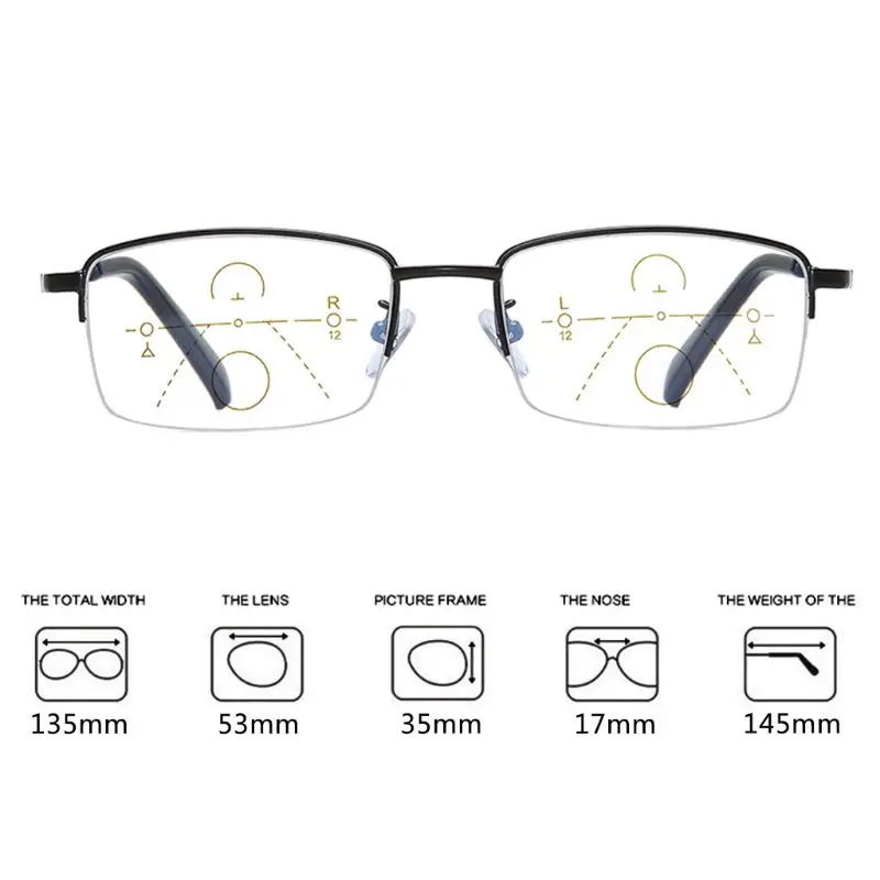 

Progressive Multi-focus Reading Glasses Unisex Fashion Anti-blue Alloy Half Frame Prescription Eyeglasses