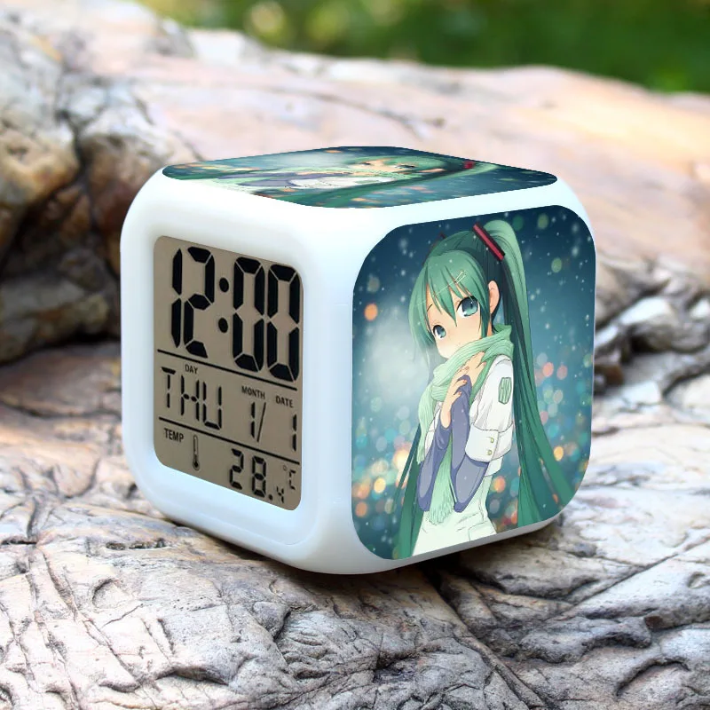 

New Glowing LED Hatsune Miku Anime Action Figure Alarm Clock 7 Colors Change Saat Despertador Collectible Model Toy Doll Gift