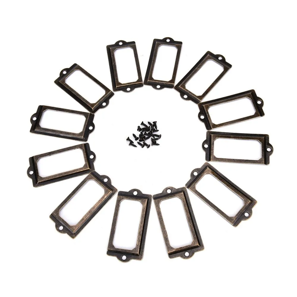12Pcs/lot Antique Brass Metal Label Pull Frame Handle File Name Card Holder For Furniture Cabinet Drawer Box Case Bin
