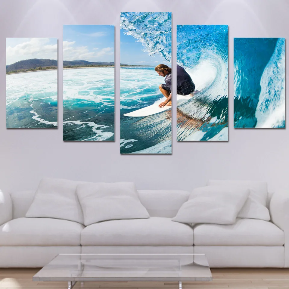 Living Room Wall Art Pictures HD Printed 5 PiecePcs Men Sea Surf Landscape Modern Painting On Canvas Home Decor Poster Frame