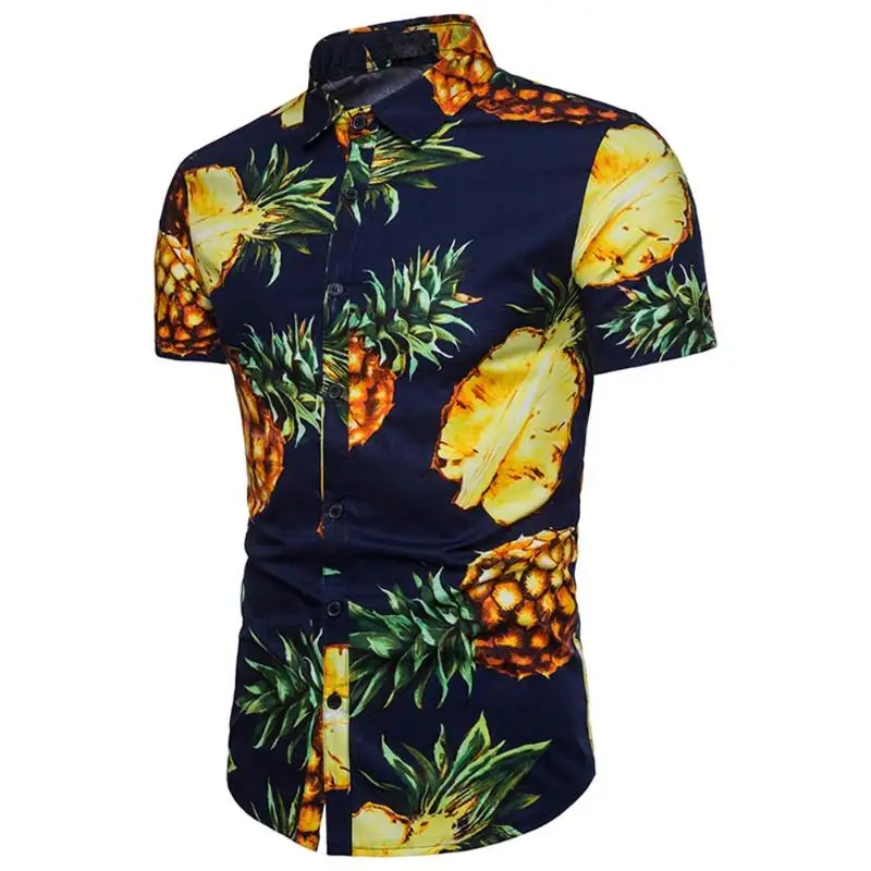 Hawaiian Men T shirt Turn Down Collar Pineapple Long Sleeve Beach Travel Slim Tops Tees PLUS 