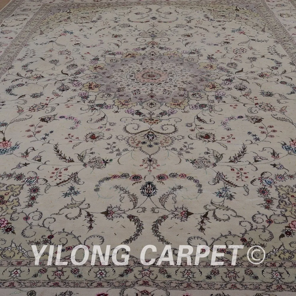 Yilong 10'x14 Исфахан Шерсть Шелк бежевый коврик ручной работы, изысканные ковровое покрытие для гостиной (1500)