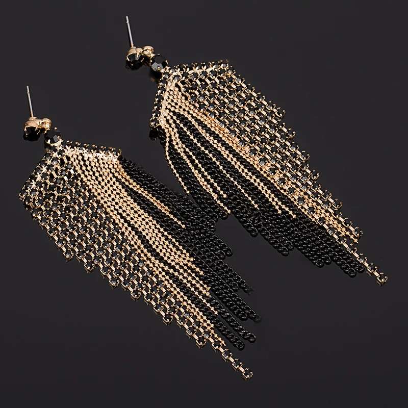 

YFJEWE New design Large Black Tassel Earrings For Women Fashion Rhinestone Drop Earrings Wedding Gifts E054