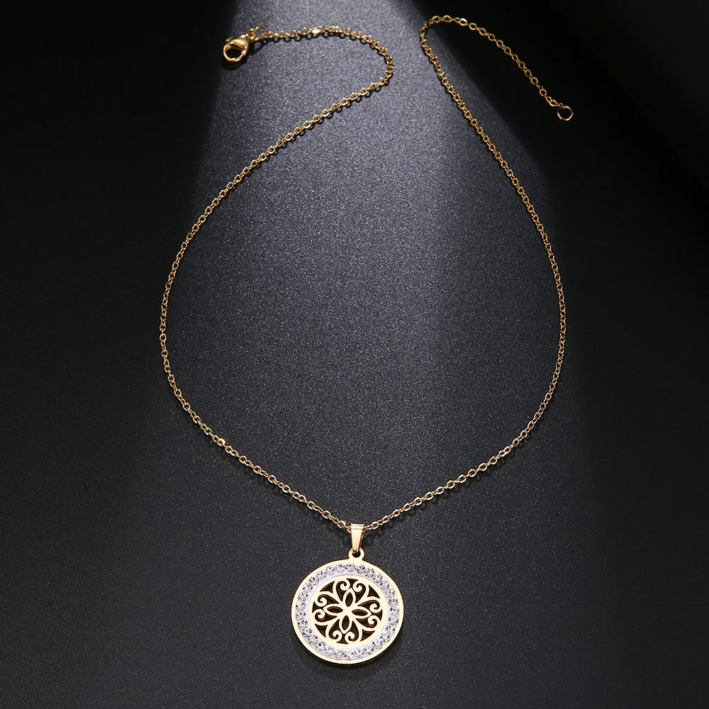 Cacana Stainless Steel Crystal Round Pendants Necklace Women Jewelry Hollow Trendy Necklaces Donot Fade Valentine's Day Gift (2)