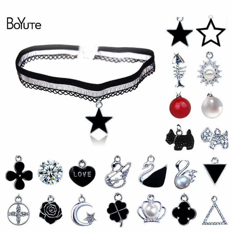 

BoYuTe Retail Black Lace Choker Necklace with Dog Swan Pearl Flower Clover Triangle Star Pendant Necklace