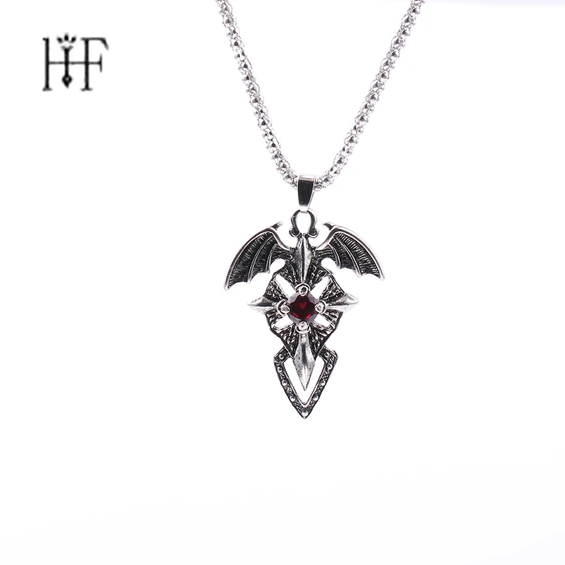 

Punk Men Women Evil Wings Red Zircon Crystal Cross Sword Pendant Necklace ancient silver Chain Choker Vintage Accessories