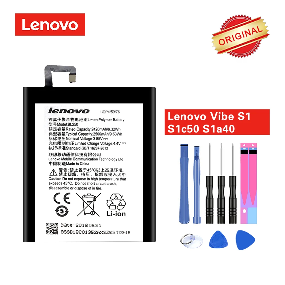 

BL250 Original Battery for Lenovo Vibe S1 S1c50 S1a40 Li-ion Akku 2420/2500mAh with Repair Tools