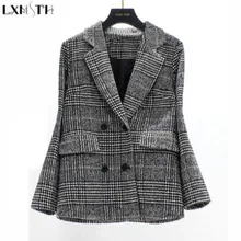 Lxmth, новинка зимы, утолщенное твидовое шерстяное пальто для женщин, винтажное, Хаундстут, клетчатое, тонкое, Bblazer Mujer размера плюс, твидовая куртка