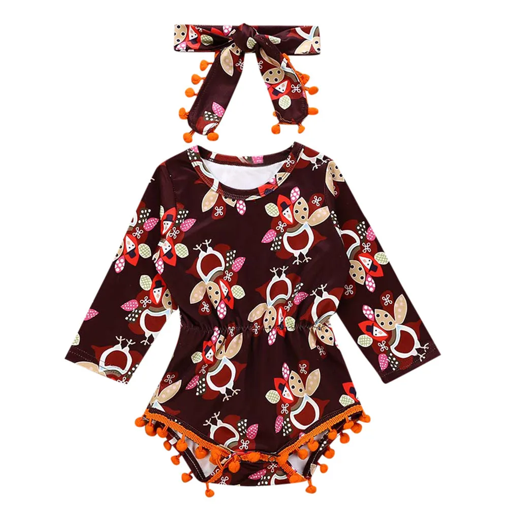 

Infant Baby Rompers Thanksgiving Day Turkey Print Baby Romper Long Sleeve Jumpsuit+Headbands Outfits Set Autumn Winter Clothes