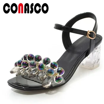 

CONASCO Women Fashion New Sweet Sandals Square High Heels String Bead Summer Buckle Sandals Elegant Pumps Prom Party Shoes Woman