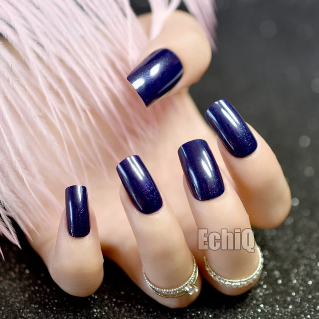 Fashion Flat Fake Nails Navy Blue Acrylic False Shiny Glitter Fashion Flat Fake Nails Navy Blue Acrylic False Shiny Glitter Nail Art Tips Manicure Products