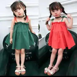 Детская летняя одежда для девочек детское платье без рукавов с бантом хлопок-Line Твердые оборками платья Deguisement Enfant