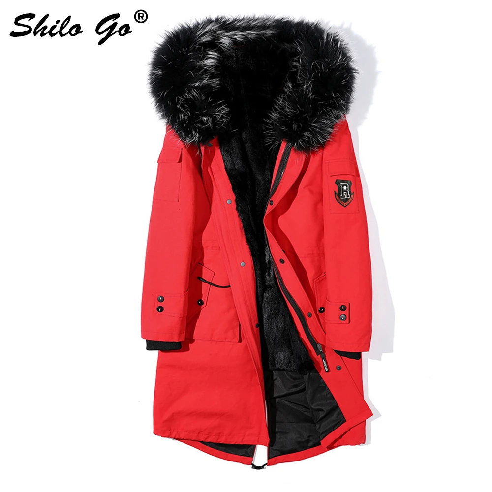 

Mens Winter Long Parkas Coats Thick Parkas Embroidery Loose Plus Size Real Fur Collar Hooded Rabbit Lining Outwear Warm Fur Coat