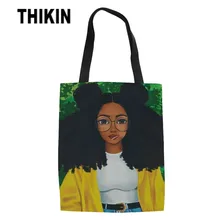 THIKIN Black Art Afro Lady Girls Printing Casual Large Linen Tote Ladies Shopping Bag for Women Reusable Shoulder Bags