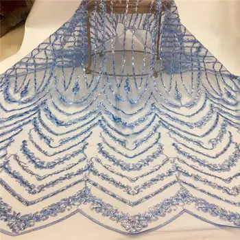 

New Arrival 2019 Hot Sale Embroidery French Lace Mesh Net Lace Fabric For Women With Sequins For Partty In Sky Blue QF1710B