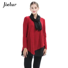 Jielur Модные свободные трикотажные поддельные футболки из двух частей для женщин Европа осень длинный рукав шарф Топ шифон сплайсинга женская футболка