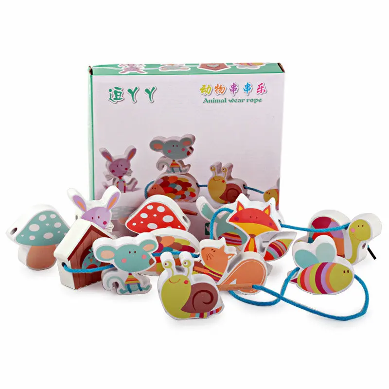 

Free shipping Children's early education 12PCS Wood Animal wear rope blocks toy, Kids Larger particles animals blocks toys/gift