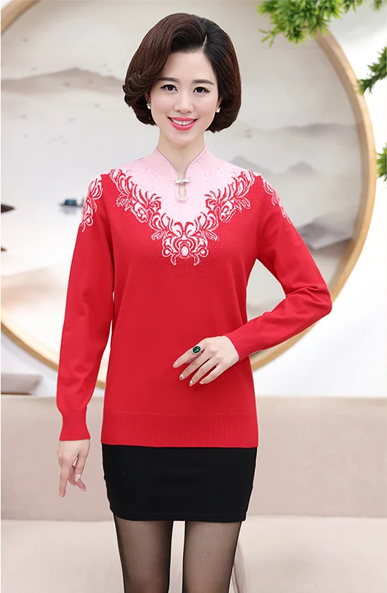 New Brand High-End Middle-Aged Women Sweater Shrug Graceful Stand Collar Print Jumper Long Sleeve Women Pullover Sweater T250