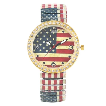 

Women's Luxury Quartz Analog Watch Fashion American Flag Pattern Watches Classic Diamonds Encrusted Quartz Wristwatch