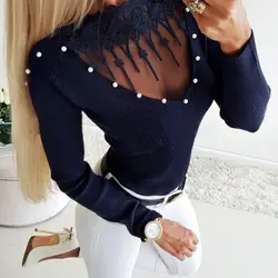 Hirigin 2019, женский прозрачный кружевной вязаный свитер с длинными рукавами и жемчужинами, облегающие топы, сексуальный клубный пуловер для