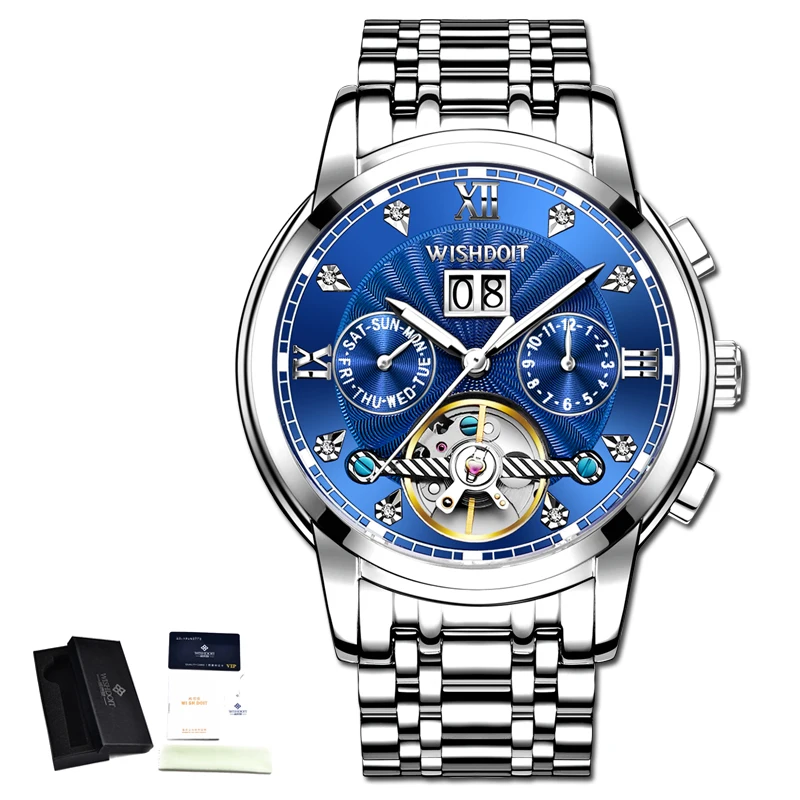 Топ люксовый бренд WISHDOIT новые мужские часы серебристо-синие механические часы полностью стальные водонепроницаемые спортивные часы Relogio Masculino