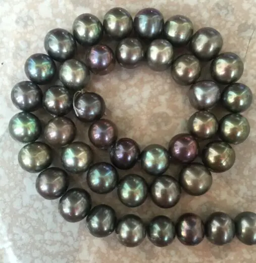 

stunning 10-11mm round tahitian black green multicolor pearl necklace 18inch 14KGP