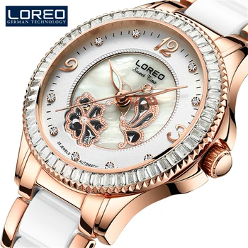 

LOREO Luxury Crystal Sapphire Ladies Ceramic Band Automatic Mechanical Watch 50m Waterproof Wristwatches With Premiums Package