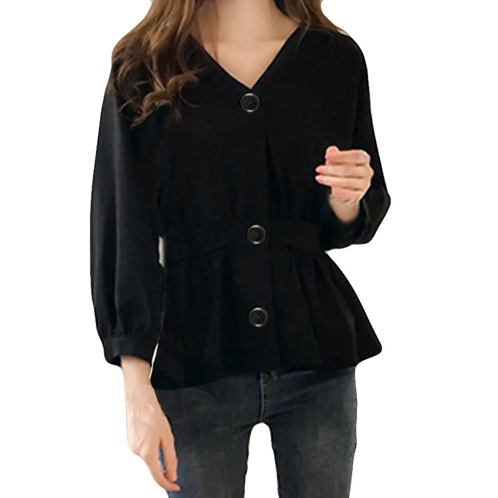 

SAGACE T-shirt Fashion women's Shirt Waist Skirt Series Button long-sleeved V-neck Temperament Shirt women's Clothing 2019