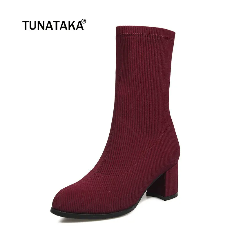 

Women Stretch Fabric Comfort Square Heel Ankle Boots Fashion Slip On Round Toe Fall Winter Bootie Black Wine Red Beige