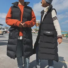Зимний жилет, куртка, длинная пара, жилет, мужской, выше колена, черный, без рукавов, куртки, корейский стиль, без рукавов, пальто, свободные, теплые, пуховые жилеты