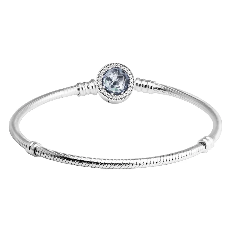 

100% 925 Sterling Silver Snake Chain Bracelet with Blue Crystal Clasp Fits Silver 925 Charms Beads Women Jewelry DIY Making