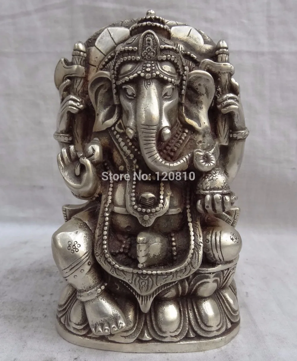 

zhaorui6600020++Tibet Silver Lotus 4 Arms Ganapati Ganesh Lord Ganesha Buddha Mouse Statue