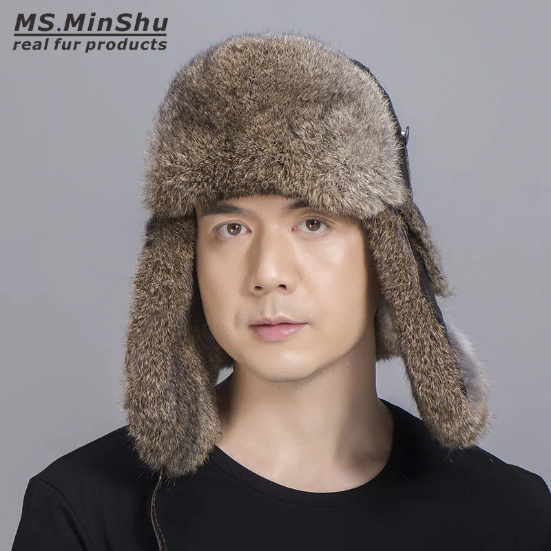 

Genuine Rabbit Fur Bomber Hat Russian Rabbit Fur Hat Skiing Cap Natural Rabbit Fur Hat with Real Sheep Leather MS.MinShu