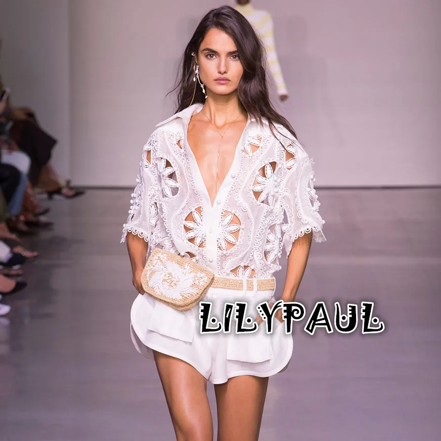 Women Golden Doily Blouse White Linen-silk Blend Oversized Hand Crafted Rouleau Trim Shirt |